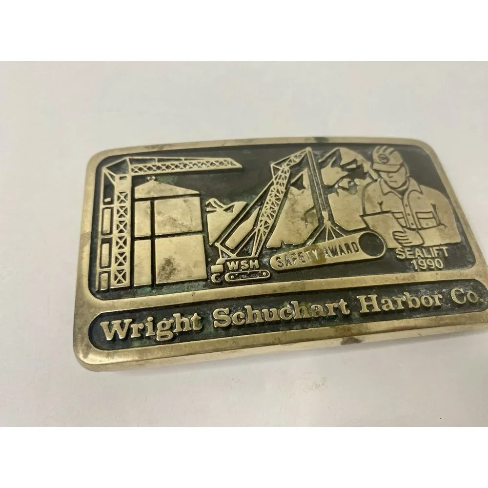 Brass Belt Buckle Wright Schuchart Harbor Co. 1990‎ Safety Award Vintage